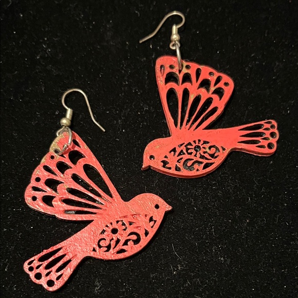 Red Bird-Shaped Hand Painted Earrings - Picture 1 of 16